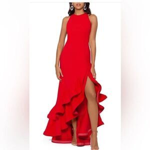 Betsy & Adam Ruffle Halter Crepe Gown NWT